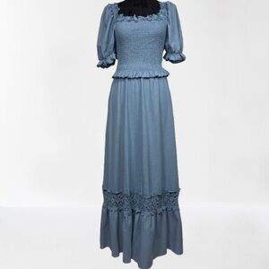 SHEIN Blue 2pc Maxi Skirt & Top Sz Large Smocked Bodice Puff Sleeves Lace